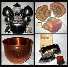Cory and Sunbeam Coffee Pots, Fitz and Floyd Shell dishes, Copper Bowl and Gas Iron 