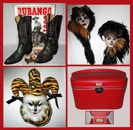 Durango Cowboy Boots with Box, There are also Tony Lama Boots, Unique Creation Lady Faces and Amelia Earhart Overnight Luggage Bag in Excellent Condition 