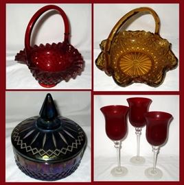 Fenton Ruby Glass Hobnail Basket, Amber Glass Basket, Carnival Glass Lidded Candy Dish and Set of 3 Ruby Glass Large Wines or Candle Holders 