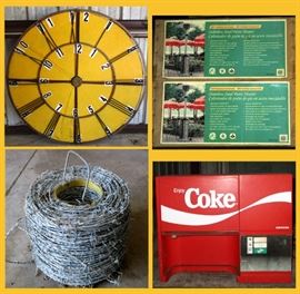 Giant Clock with Metal Front, 2 Brand New in Boxes Large Standing Outdoor Heaters, Roll of Barbed Wire and Coca Cola Dispenser 