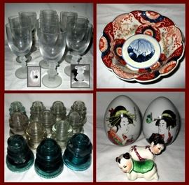 Great Set of Frosted Mickey and Minnie Mouse Stemware Marked Disney, Made in Japan, Lovely Asian Bowl from the Estate of Rosalind Russell, Collection of Insulators and Asian Eggs and Chop Stick Rests 