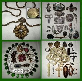 Great Costume Jewelry including a Miniature Sewing Kit Marked Austria and a Celluloid Needle Case. Miriam Haskell Necklace, Hogan Bolas MCM Copper Pin & Modernist Men's Jewelry, Sterling Pieces,  Fur Clips and More