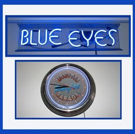 Neon Blue Eyes Sign and Monster Garage Clock 