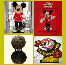 Mickey Mouse Rock Around the Clock Brand New in the Box, Mickey Mouse Waffle Iron and The Bearded Clam Light Up Sign 