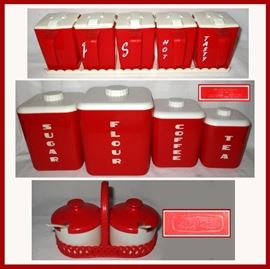 Vintage Plastic Red and White Kitchen Ware; all Marked 