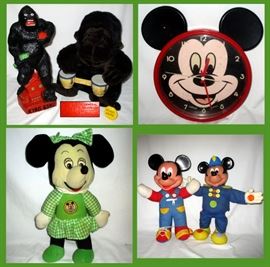 RKO General Plastic Gorilla Bank, Mickey Mouse Clock, Minnie Mouse and two more Mickeys  