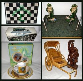 Sebring Thunder 3rd place flag, Locomotive Phone, Brand New in Box Wizard of Oz Dish Set, Frogs Playing Croquet and Wicker Rickshaw and Carved Wooden Asian Man 