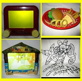 Pocket Etch a Sketch, Plastic Hamburger Dressed with Fries and Onion Rings & Pizza Slice, Cozumel Funky Frame and Wire Creatures 