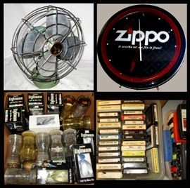 Sears and Roebuck Vintage Fan in Turquoise, Zippo Wall Clock, a Good Selection of 8 Track Tapes and Lots of Light Up Cups