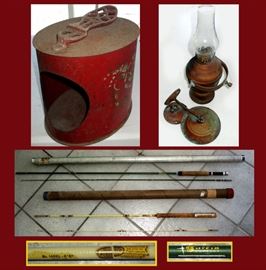 Shoe Shine Kit, Vintage Hanging Oil Lamp and Fly Fishing Rods 