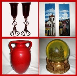 Tall Ruby Glass Candle Holders, Pr of Small Colorful Plaques, Large Pottery Jug and Snow Globe Music Box 
