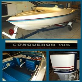 Sweet Boat c1970s, It's the Chrysler Conqueror 105, with Custom US Flag Interior, Chrysler 120 Outboard Motor and Trailer