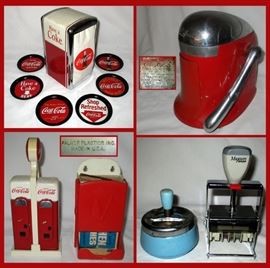 Vintage and Newer Pcs, Vintage Juice O Mat with Pull Out Juice Container, Vintage Palmer Plastics Match Holder and Vintage Push Down Ashtray; Coke Items are newer although still cool! 