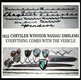 1955 Chrysler Windsor Nassau Hard to Find Emblems, There are also 3 Hood Ornaments, Extra Tail Lights and a Brand New Trunk Liner and Everything Comes with the Sale of the Windsor