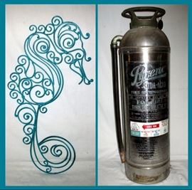 Turquoise Metal Seahorse and Vintage Pyrene Fire Extinguisher 