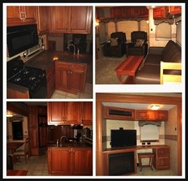 Very Spacious Interior featuring a Sleeper Sofa, Pair of Comfy Easy Chairs, Fireplace, Desk and Filing Cabinet, Lift Top Coffee Table for Dining , TV and Even More Storage.  Dinette Set sits just off the Fully Appointed Kitchen with Beautiful Cabinetry, Built in Microwave and Loads of Storage. 