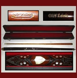 Sampaio Portugal Hard Carved Pool Cue in Case with Inlaid Mother of Pearl Marked Sampaio on Both Pieces and Signed Cliff Lewis