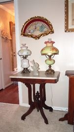 Grand Framed Vintage Fan, Pair of Fenton Oil Lamps, pretty Marble Top Side Table