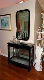 MODERN LIGHTED BLACK EBONY PAGODA DESIGN DISPLAY CABINET. WITH BLACK EBONY ACCENT MIRROR.