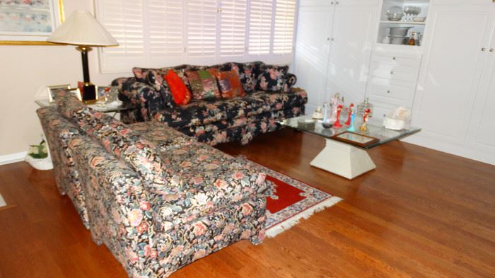 CUSTOM UPHOLSTERED NORWALK FURNITURE COMPANY SOFA AND TWO ARMLESS SIDE CHAIRS.