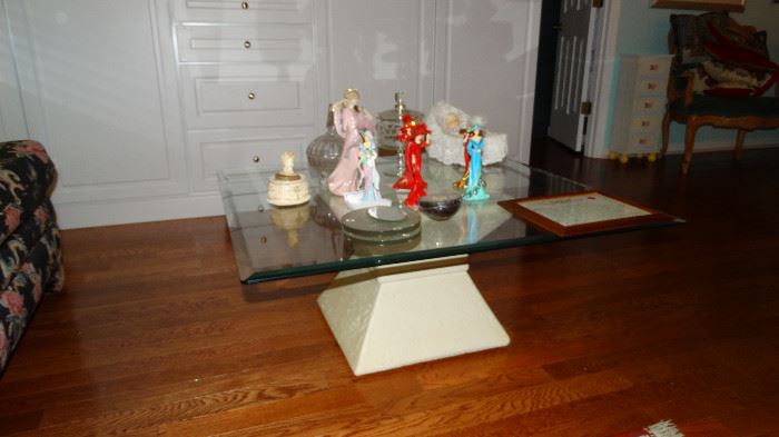 HOUR GLASS PLASTER BASE COFFEE TABLE WITH GLASS TOP.