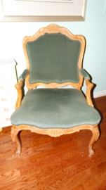 ITALIANATE GREEN UPHOLSTERED ARM CHAIR.