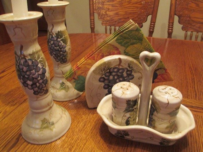 TABLETOPS UNLIMITED HAND PAINTED CABERNET GRAPES CANDLESTICKS, SALT & PEPER