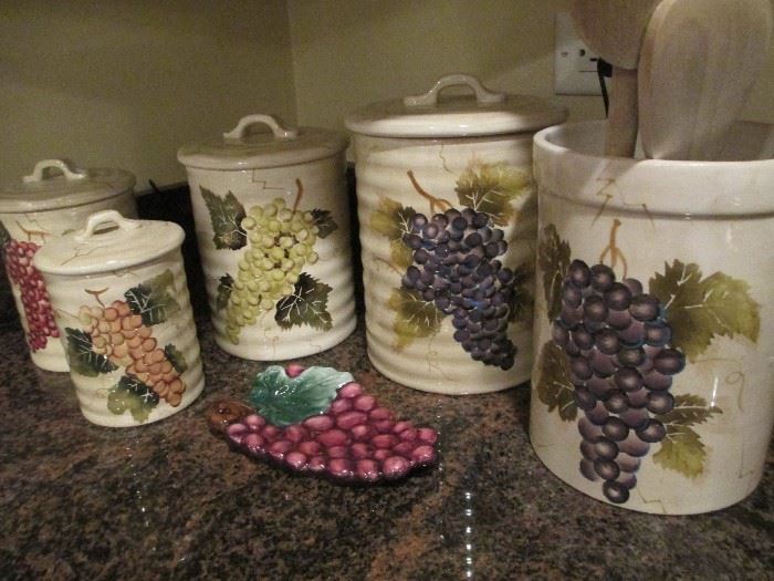 TABLETOPS UNLIMITED HAND PAINTED CABERNET GRAPES CANISTERS