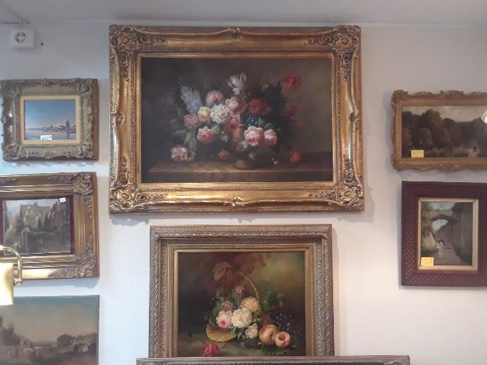 Large floral decorative paintings, and four original European oil paintings. All reduced 50%