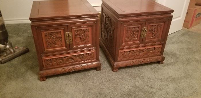 Vintage carved teak side tables with storage