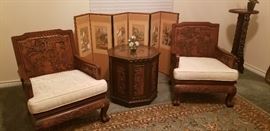 Vintage carved chairs with seat cushions, extra red cushion covers available