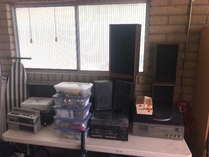 2 record players with speakers and extra speakers and more 