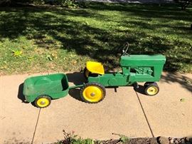 Farmall Pedal Car Tractor with Original Wagon - Painted John Deere Colors