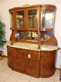 SUPER NICE MARBLE TOP SIDEBOARD W/CHINA CABINET TOP AND INLAID. ALSO MATCHING SEVER SOLD SEPERATE