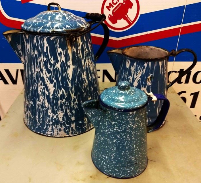 Vintage Blue Enamelware Pitcher