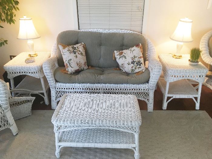 WICKER LOVE SEAT, COFFEE TABLE AND END TABLES