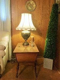 One Of Two Matching Mid Century Dough Box End Tables, Brass Lamps and Lighted Tree 