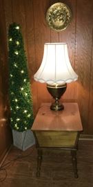 The Second Of Two Matching Mid Century Dough Box End Tables, Brass Lamps and Lighted Tree 