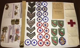 Large Lot Of Original WWII Military Uniform Buttons, Badges, Arm Bands, Belt Buckles and More