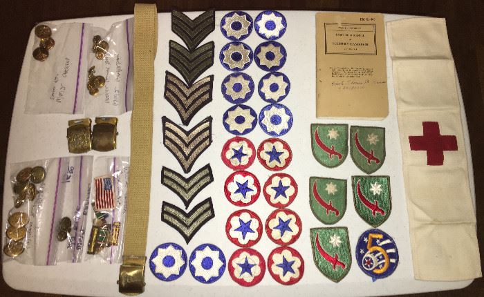 Large Lot Of Original WWII Military Uniform Buttons, Badges, Arm Bands, Belt Buckles and More