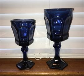 LIBBEY PANEL ROCK WATER GOBLET SET AND LIBBEY PANEL ROCK WINE GOBLET SET, IN DUSKY BLUE.