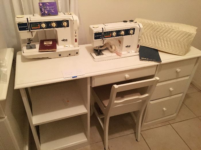 TWO ELNA SEWING MACHINES, ONE IS IN CABINET