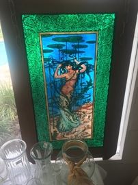 Reverse painted Mermaid glass panel