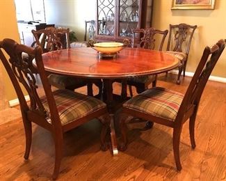 Ethan Allen - Round Pedestal Dining Table with 6 Chippendale Mahogany Chairs