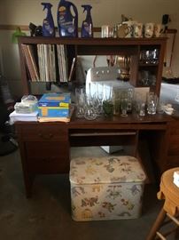 Desk, records, glass and old toy box