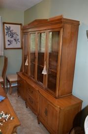Mid Century Solid Wood/Glass Base and Top Section Hutch. Base 74" Long X 17" Deep X 28" Tall; Top Section 57" Wide X 47" Tall X 11" Deep