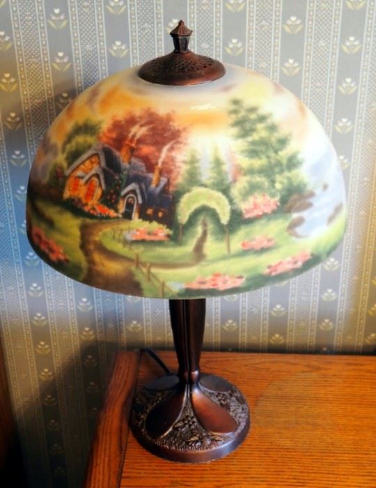 Hand Painted Tiffany Style Table Lamp, Seaside Cottage Theme, 24" Tall