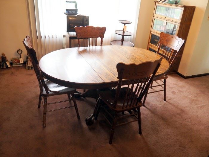 Oval Solid Wood Dining Room Table With Ball And Claw Feet, 30" x 71" x 48", One Leaf, Carved High Back Chairs, QTY. 4