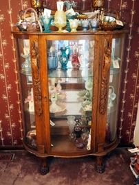 Antique, Curved Glass, Curio Cabinet, With Carved Cherubs And Claw Feet, 72" x 48" x 20", Includes Key