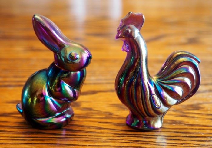 Fenton Iridescent Carnival Glass Rooster And Rabbit Figurines, 3"